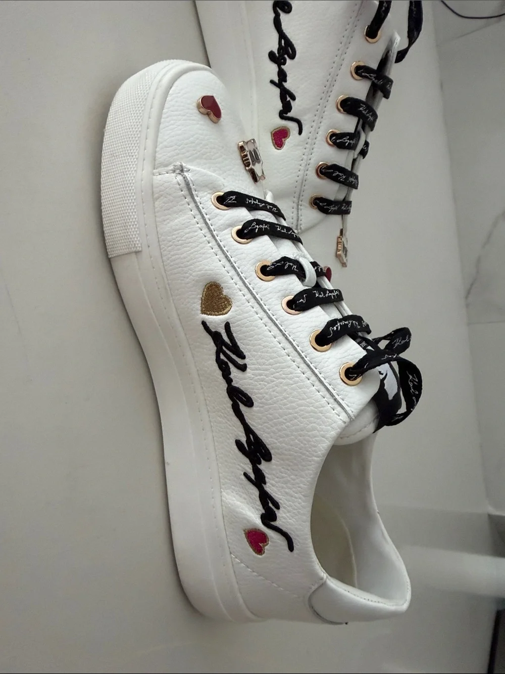 Karl Lagerfeld White Sneakers with Black Laces and Red Heart Accents